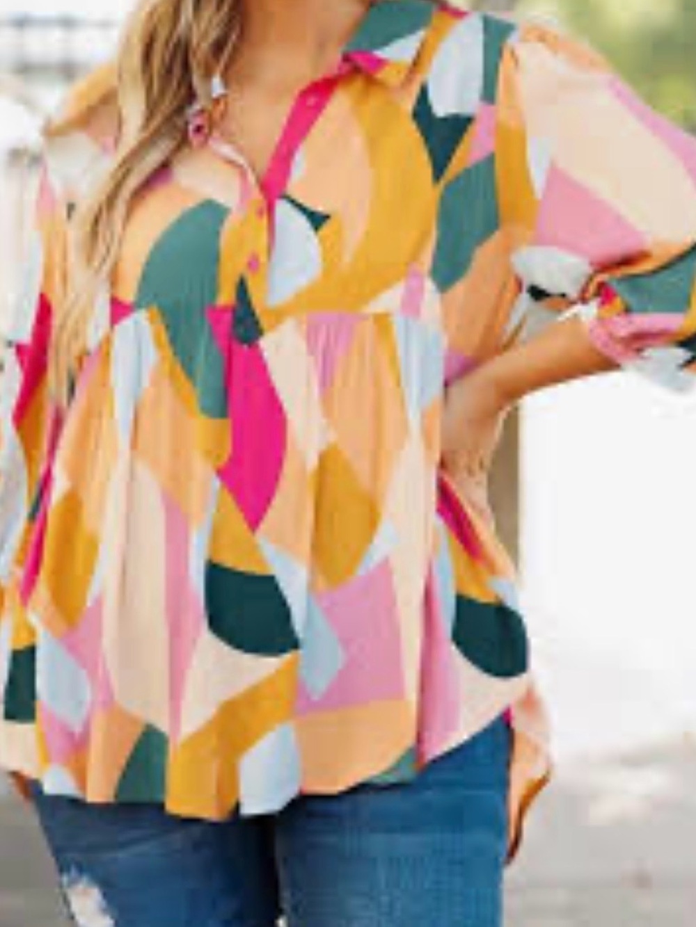 Umgee Abstract Geometric Button-Front Peasant Top - Pink & Mustard